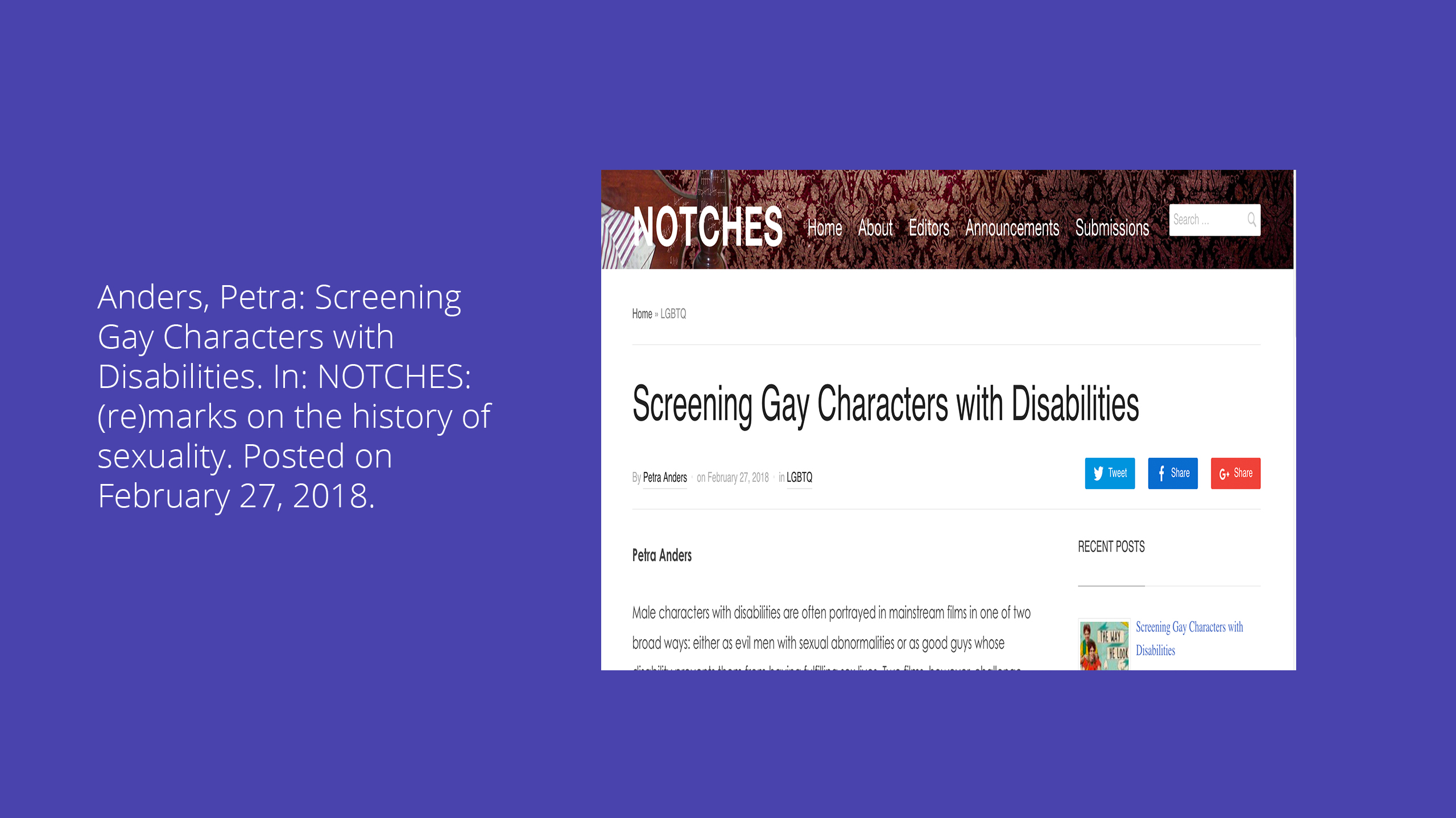 Anders, Petra: Screening Gay Characters with Disabilities. In: NOTCHES: (re)marks on the history of sexuality. Posted on February 27, 2018.