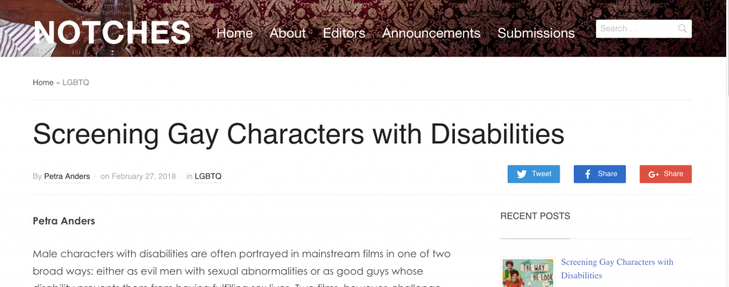 Anders, Petra: Screening Gay Characters with Disabilities. In: NOTCHES: (re)marks on the history of sexuality. Posted on February 27, 2018.